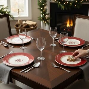 CMG Salad Plates Set of 4 8.5" Red White NWT Portugal Snowflake Holiday